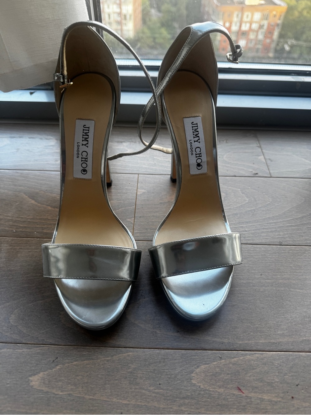Jimmy Choo Metallic Silver Single-Band Ankle-Strap Heels